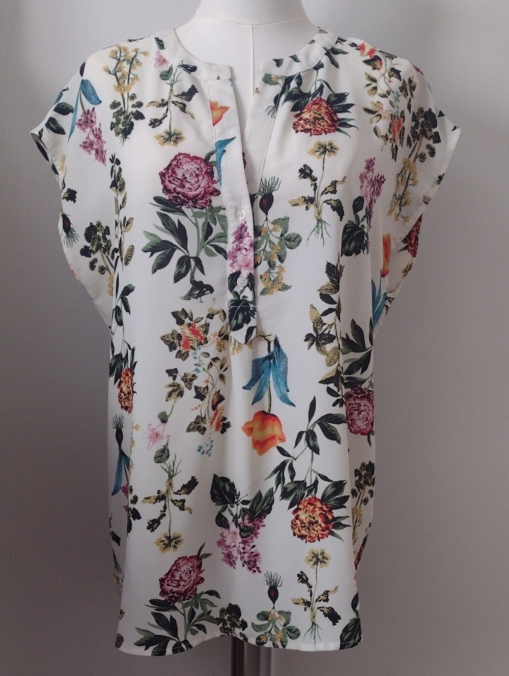 Pleione Medium Casual Cream Boho Multi Floral Split-Neck Cap Sleeve Airy Top